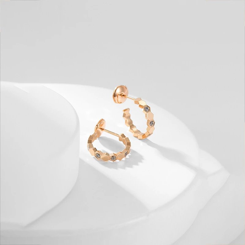 Design Hexagonal Honeycomb Stud Earrings with Cubic Zirconia in Rose Gold Jewelry - 6