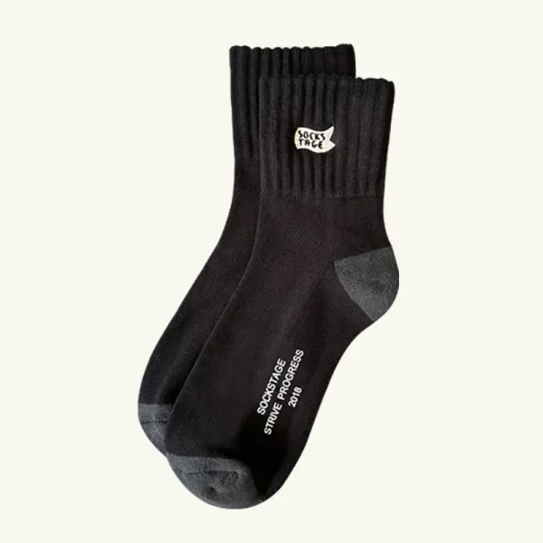 Design Ribbed Cuff Crew Socks Beige with Black Toe and Heel - 6
