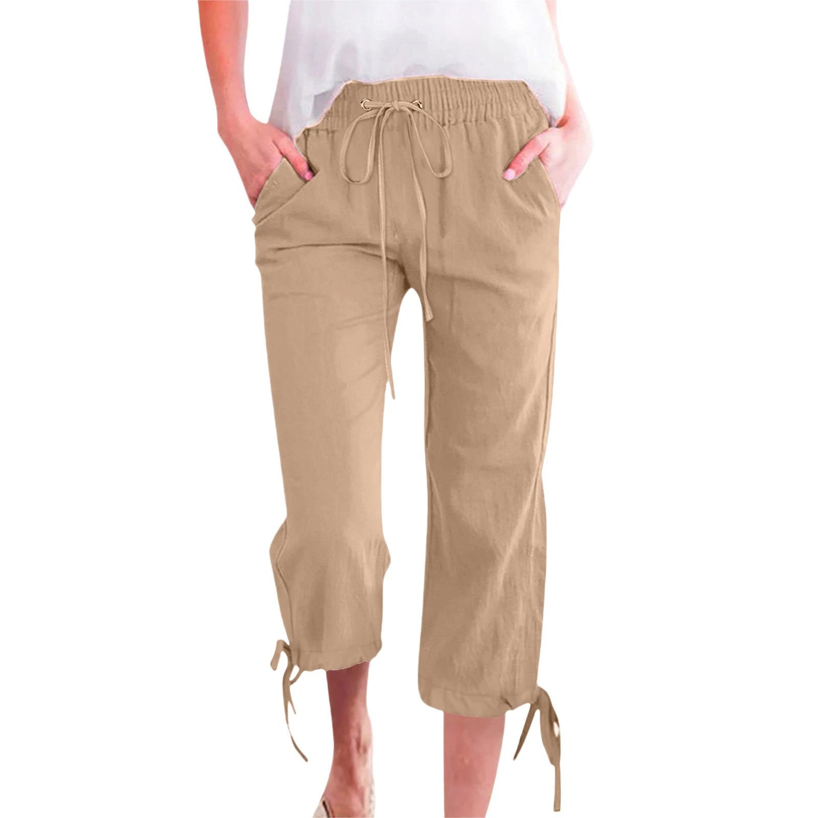 Design Capri Pants Beige Drawstring Waist Cropped Pants