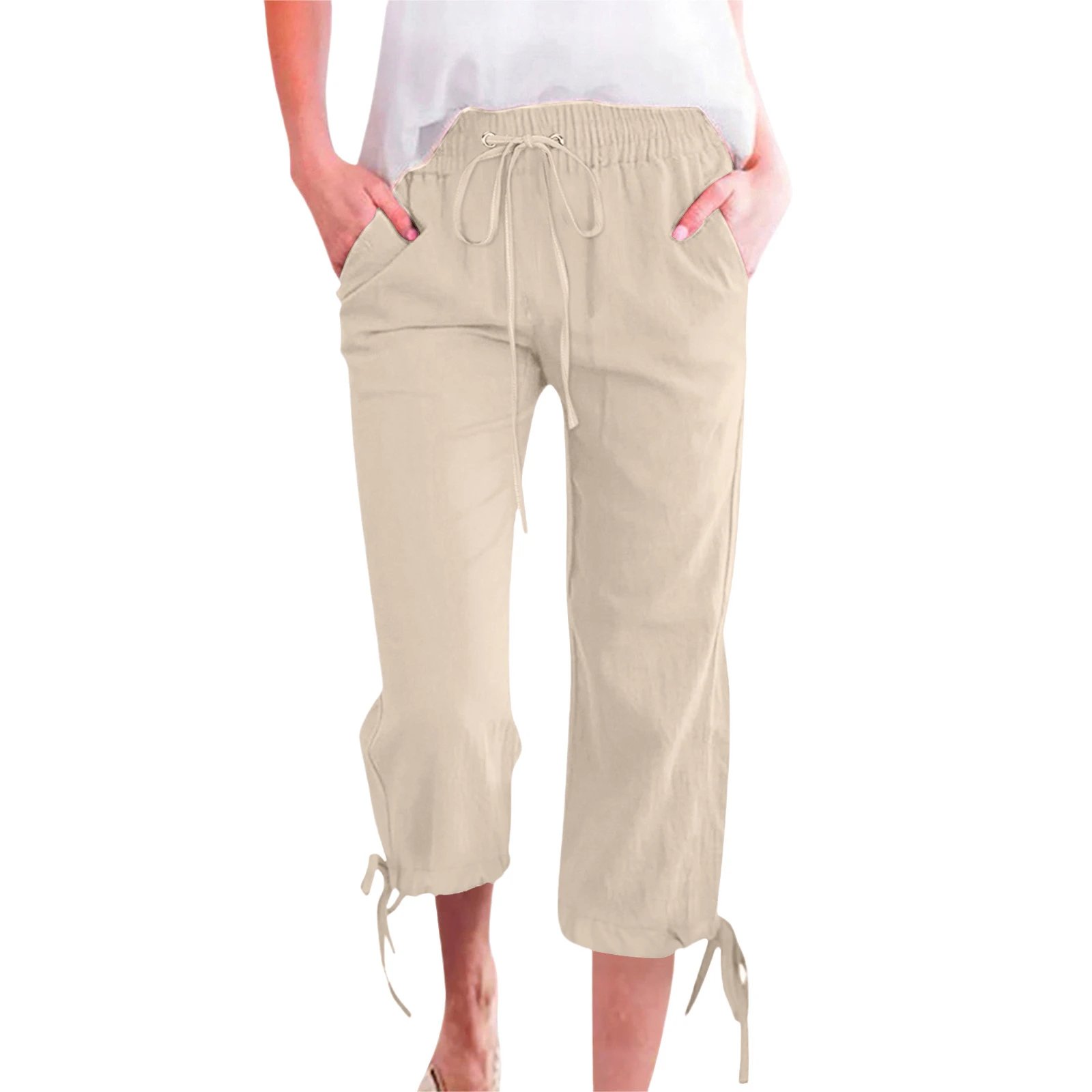 Design Drawstring Capri Pants Beige