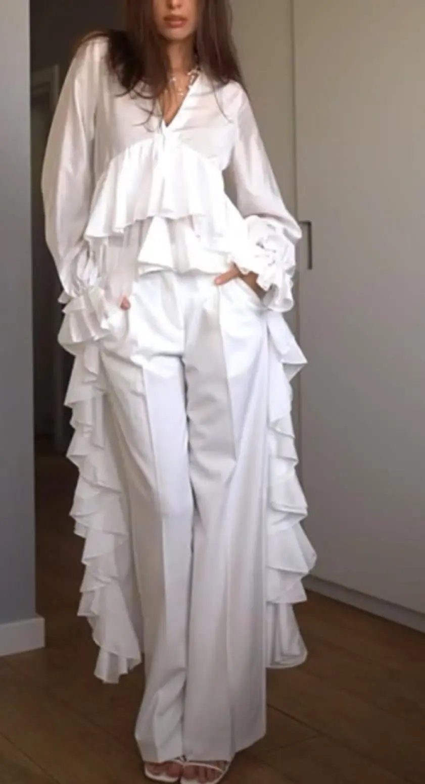 Design Ruffled Asymmetrical Hem Blouse White with Wide-Leg Jeans Tops - 12
