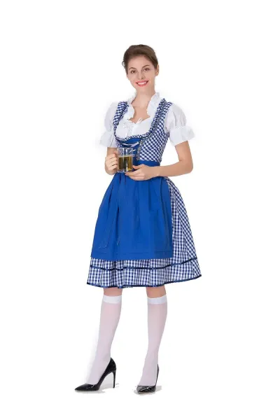 Design Traditional Bavarian Dirndl Dress Blue and White Gingham with White Blouse and Black Heels Dress - 13