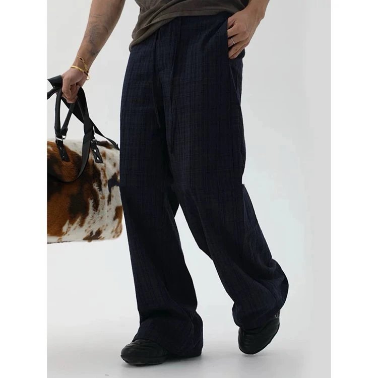 Design Wide-Leg Plaid Pants Navy - 9