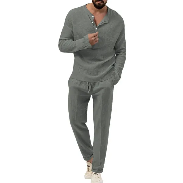 Design Linen-Blend Henley Set Beige Casual Set - 26