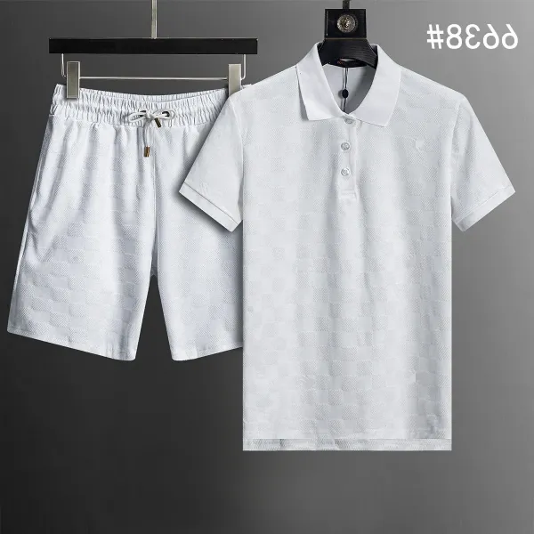 Design Checkered Texture Polo and Shorts Set White - 1