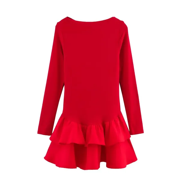 Design Ruffled Hem Long Sleeve Dress Red - 4