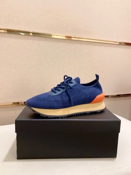 Balmain Knit Sneaker Navy Blue with Orange Heel Tab and Gum Sole - 4