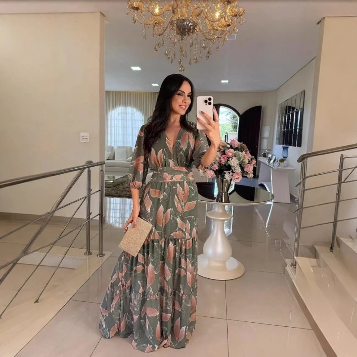 Floral Print V-Neck Tiered Maxi Dress in Olive Green and Pink