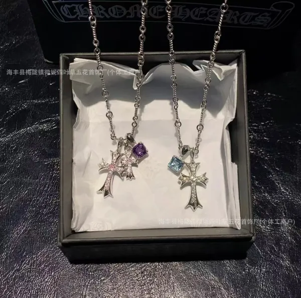 Design Cross Pendant Necklace with Crystal Accents Silver Jewelry - 17