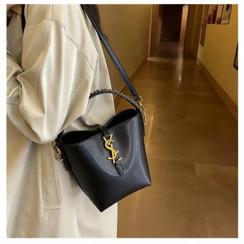 Saint Laurent Medium Black Leather Chain Handle Bucket Bag