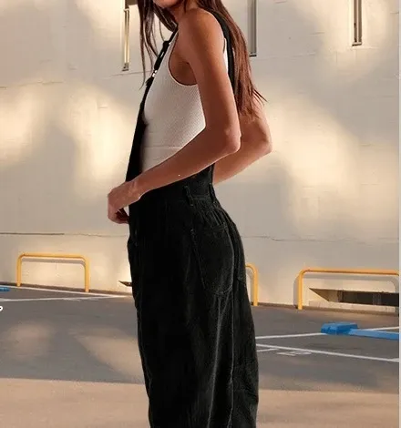 Design Black Corduroy Wide-Leg Overalls Pants - 35