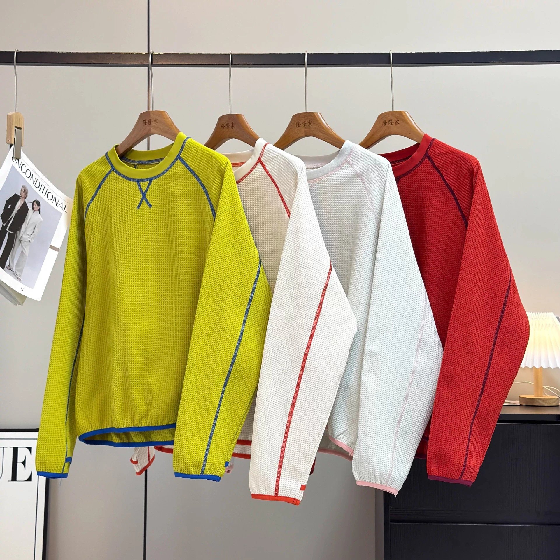 Waffle Knit Long Sleeve Crewneck Top Yellow Blue Contrast