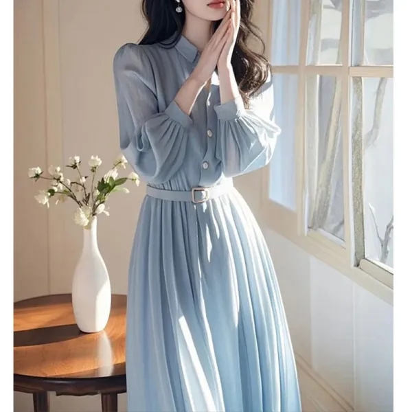 Design Shirt Dress in Dusty Blue with Pleated Skirt and Belt - 7