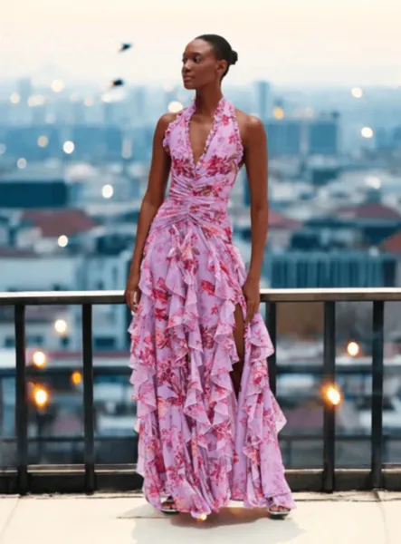 Design Floral Ruffle Halter Gown Lilac Pink Dress - 13