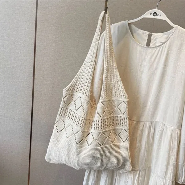 Design Mook Knit Mesh Tote Bag Beige Tote Bag - 1