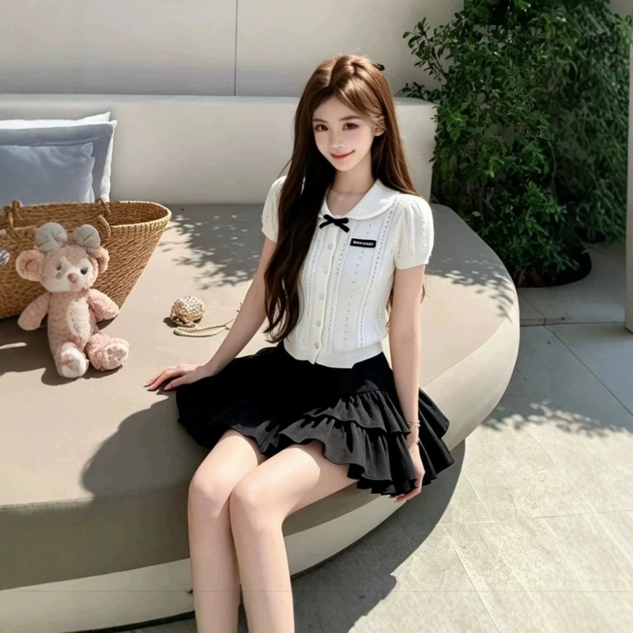 Cream Knit Collar Bow Short Sleeve Lace Dress
