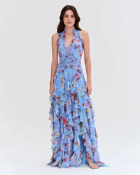 Design Floral Ruffle Halter Gown Lilac Pink Dress - 21
