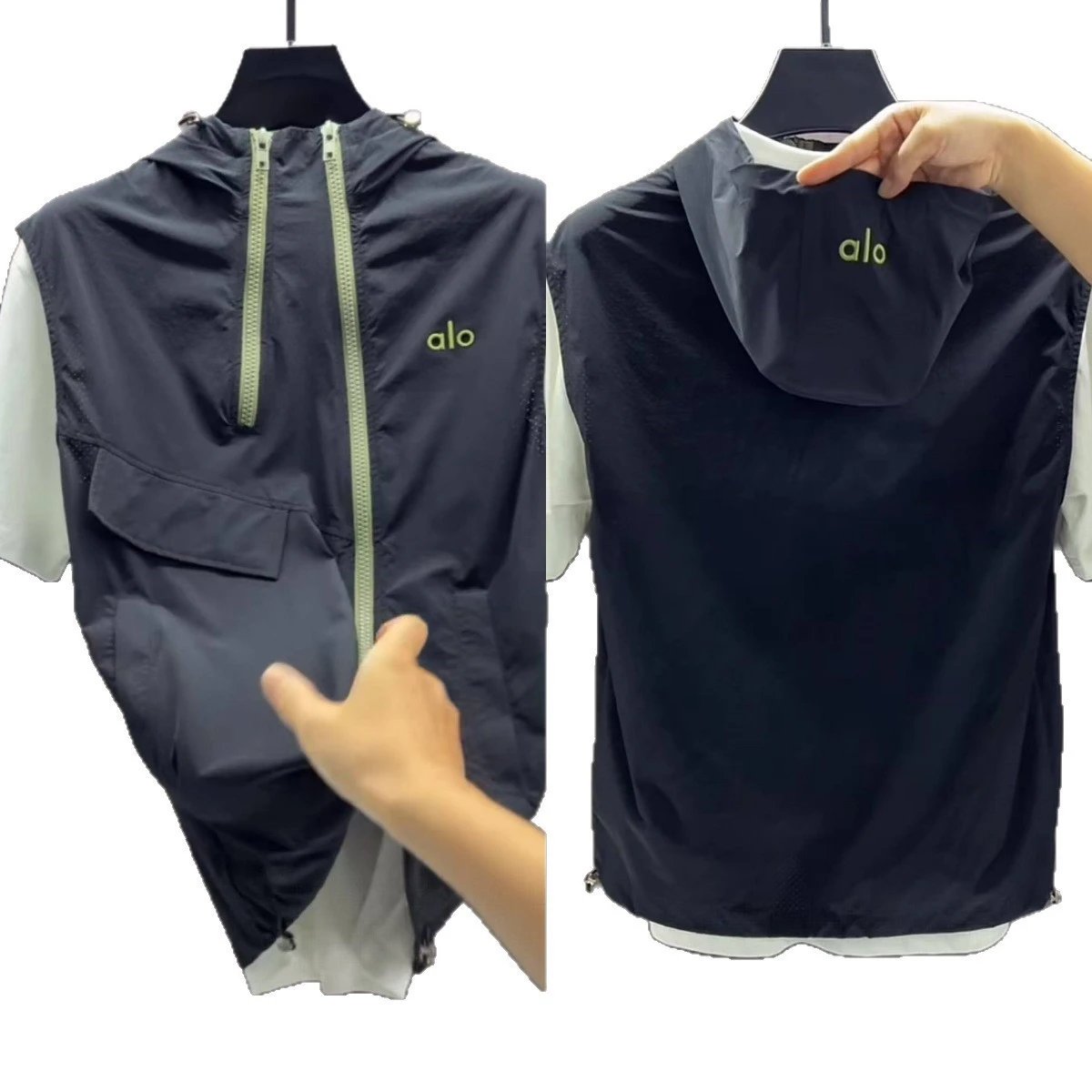 Alo Hooded Vest Navy Green Logo Lightweight Outdoor Vest