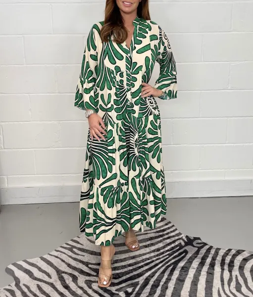 Design Tropical Leaf Print Shirt Dress in Cream and Green - 11