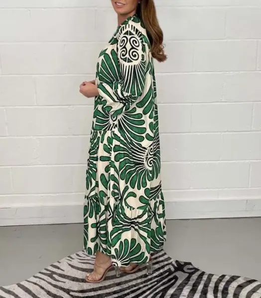 Design Tropical Leaf Print Shirt Dress in Cream and Green - 12