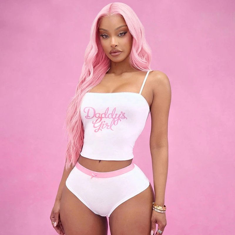 Design Daddy's Girl White Crop Top and Pink Trim Briefs Set Sets - 5