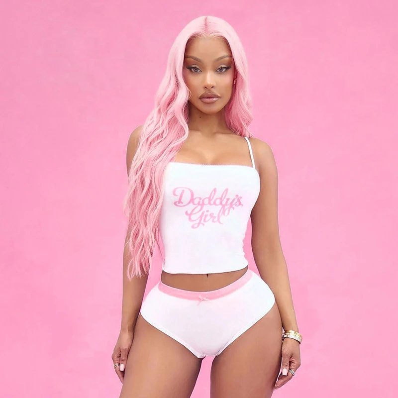 Design Daddy's Girl White Crop Top and Pink Trim Briefs Set Sets - 7