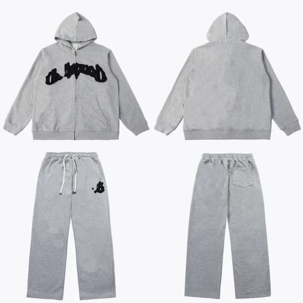 Design Embroidered Logo Hoodie and Sweatpants Set Gray - 1