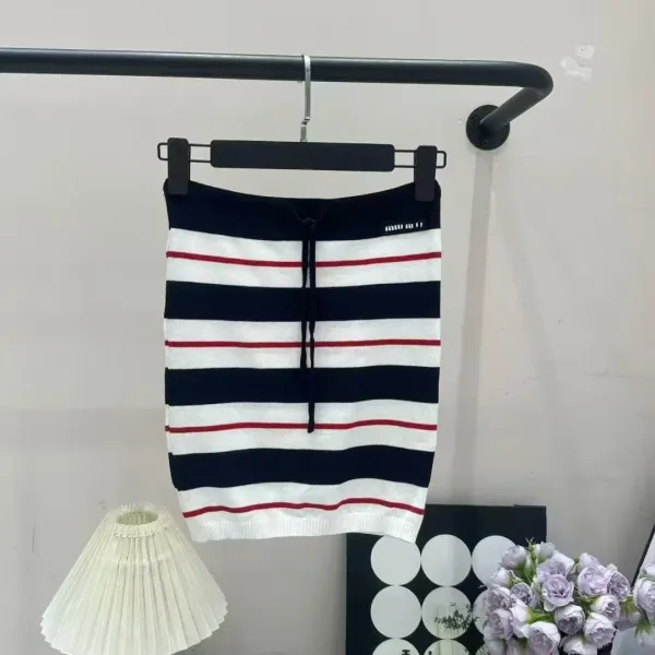 Design Striped Knit Tube Top with Tiered Pleated Skirt Set White / Gray / Red Sets - 9
