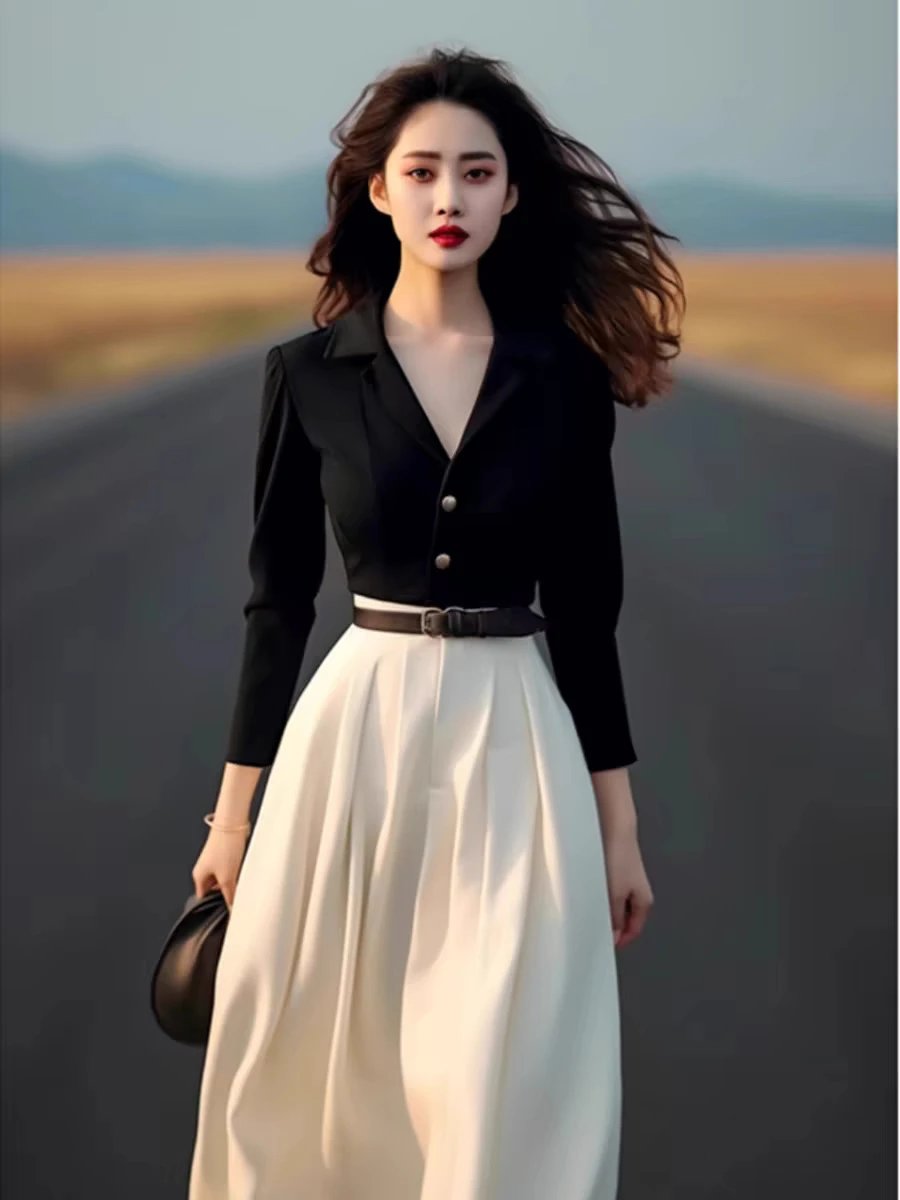 Design Black Tailored Blazer with White Pleated Skirt Set - 3
