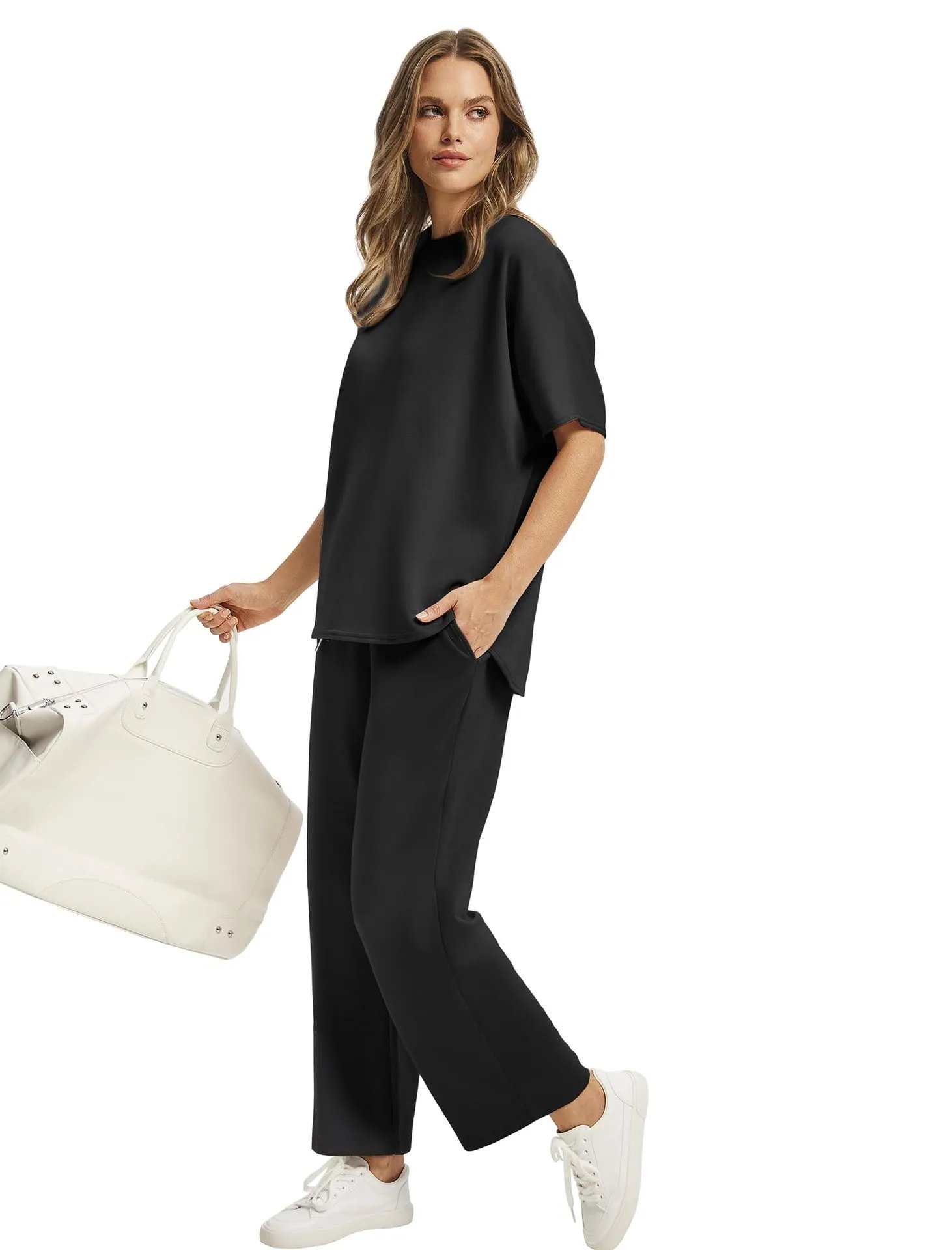 Design Relaxed Fit Cropped T-Shirt and Wide-Leg Pants Set Olive - 9