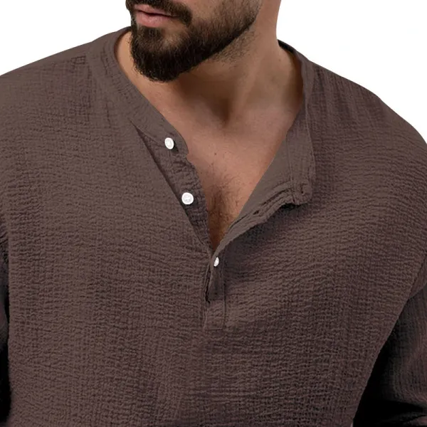Design Linen-Blend Henley Set Beige Casual Set - 38