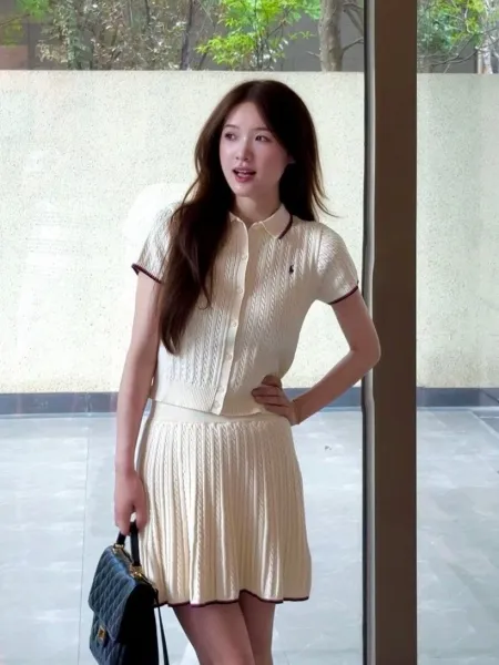 Chanel Knit Polo Set Beige Cable-Knit Two-Piece Skirt Set - 5
