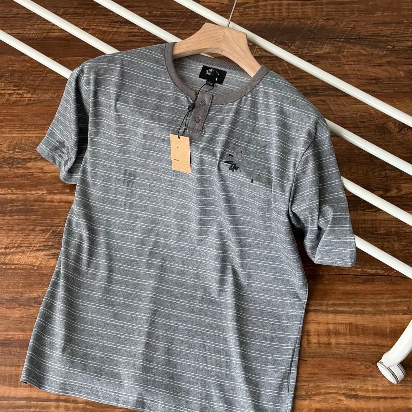 Striped Henley T-Shirt Gray Casual