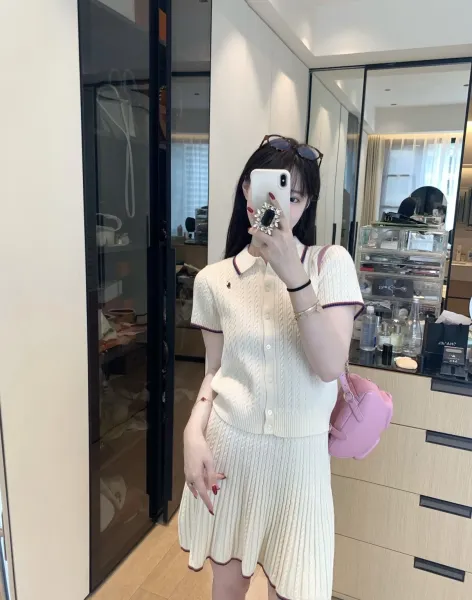 Chanel Knit Polo Set Beige Cable-Knit Two-Piece Skirt Set - 10