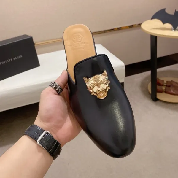 Philipp Plein Panther Head Mule Black Leather Slippers - 1
