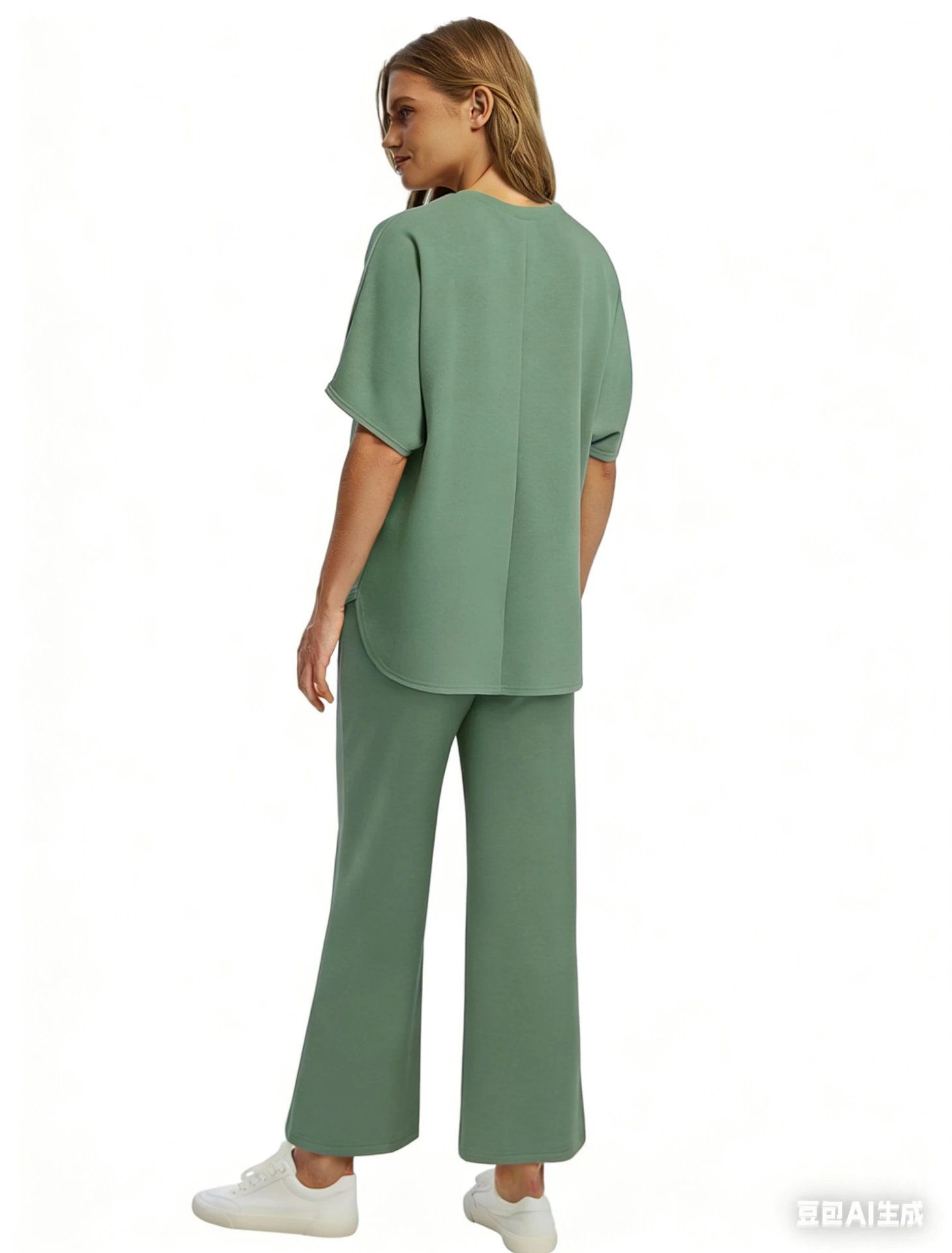 Design Relaxed Fit Cropped T-Shirt and Wide-Leg Pants Set Olive - 36