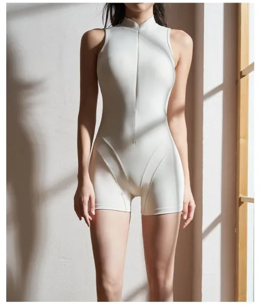 Design Sleeveless Zip-Front Bodysuit Beige Activewear - 6