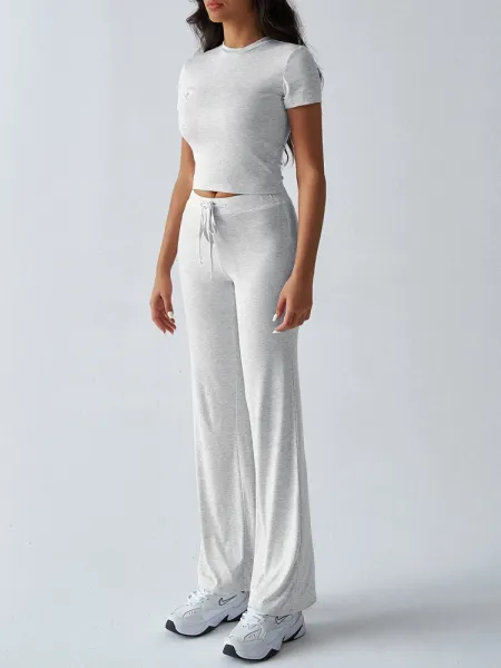 Design Cropped Tee and Wide-Leg Joggers Set Navy Blue - 19