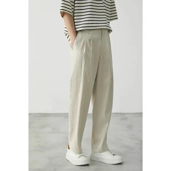 Design Striped Oversized T-Shirt and Beige Pleated Trousers with White Platform Sneakers Pants - 8