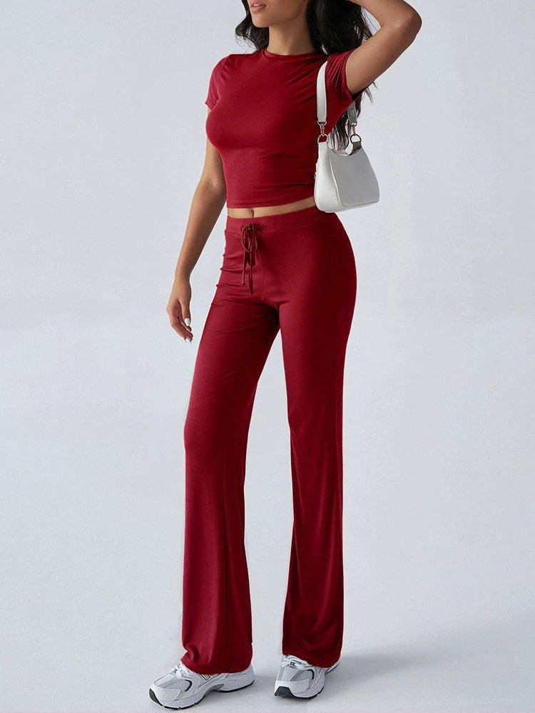 Design Cropped Tee and Wide-Leg Joggers Set Navy Blue - 24