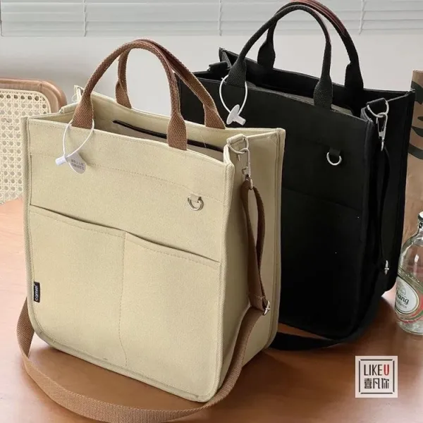 Design Canvas Tote Bag Beige with Brown Straps Handbag - 28