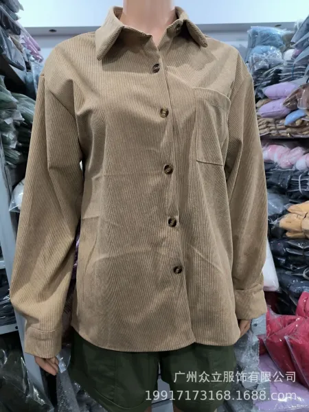 Design Corduroy Button-Up Shirt Forest Green Tops Shirt - 7