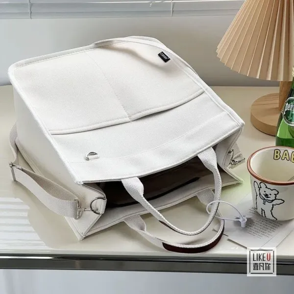 Design Canvas Tote Bag Beige with Brown Straps Handbag - 34