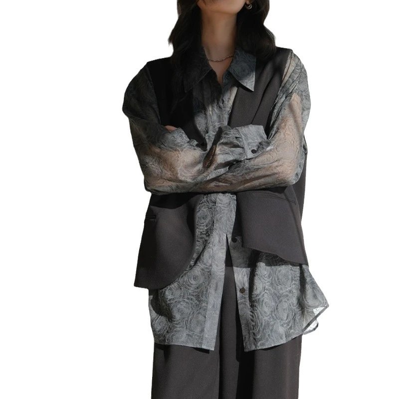Sheer Floral Print Black Oversized Shirt