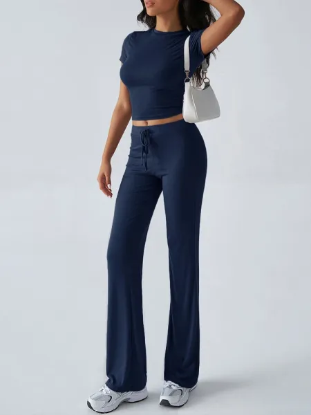 Design Cropped Tee and Wide-Leg Joggers Set Navy Blue - 36