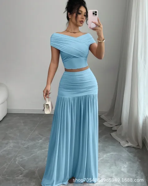 Design Off-Shoulder Draped Crop Top and Pleated Maxi Skirt Set Beige - 11
