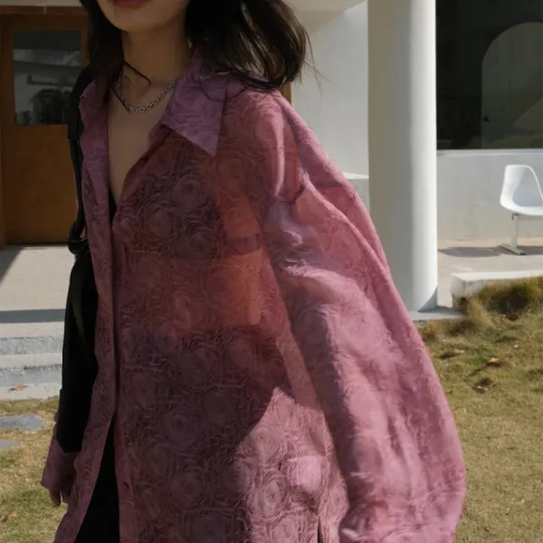 Design Sheer Floral-Print Oversized Shirt Black Tops Shirt - 5