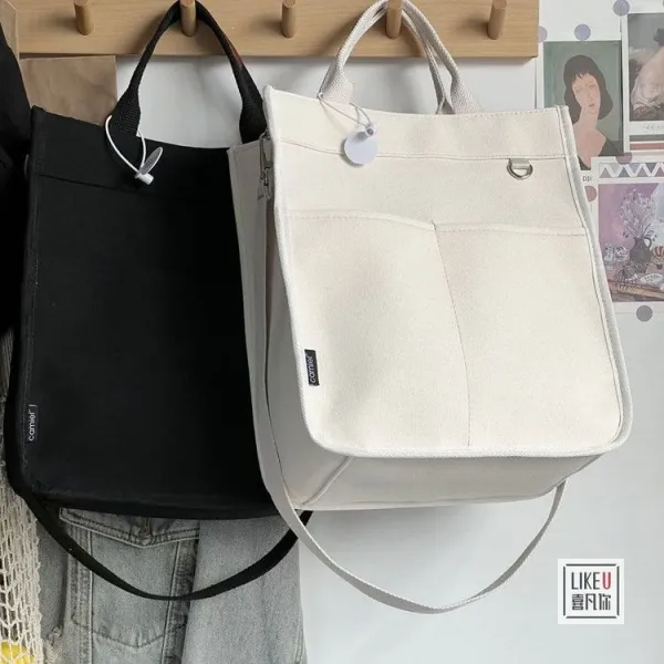 Design Canvas Tote Bag Beige with Brown Straps Handbag - 50