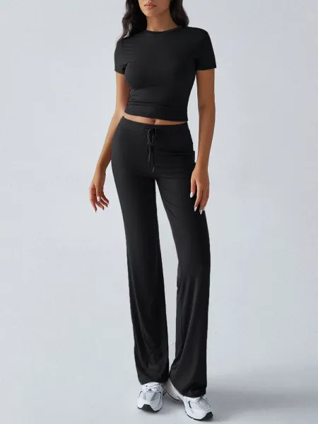 Design Cropped Tee and Wide-Leg Joggers Set Navy Blue - 40