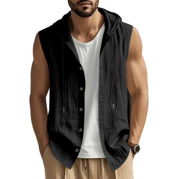 Design Sleeveless Hooded Button-Up Shirt White Tops - 16